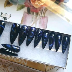 5D Blue Galaxy cat eye reusable gel press on nails